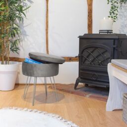 Harbour Housewares Round Velvet Storage Footstool - H45 x D36cm - Silver Legs in Grey - thumbnail 2