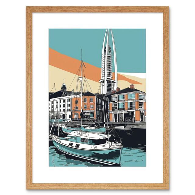 "Artery8 Wall Art Print Portsmouth Historic Dockyard Modern Linocut Style Artwork Framed 9X7 Inch in Beige - Size: W7"" x H9""" - image 1
