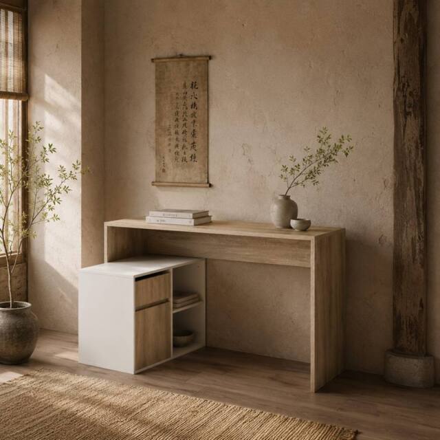 Wyld Haus Kavi 120cm Oak Effect & White L Shaped Desk with Drawer & Shelving - image 1