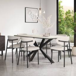 More4Homes Juno White marble Ceramic Dining Table & 6 Myla Linen Chairs in Beige - thumbnail 1