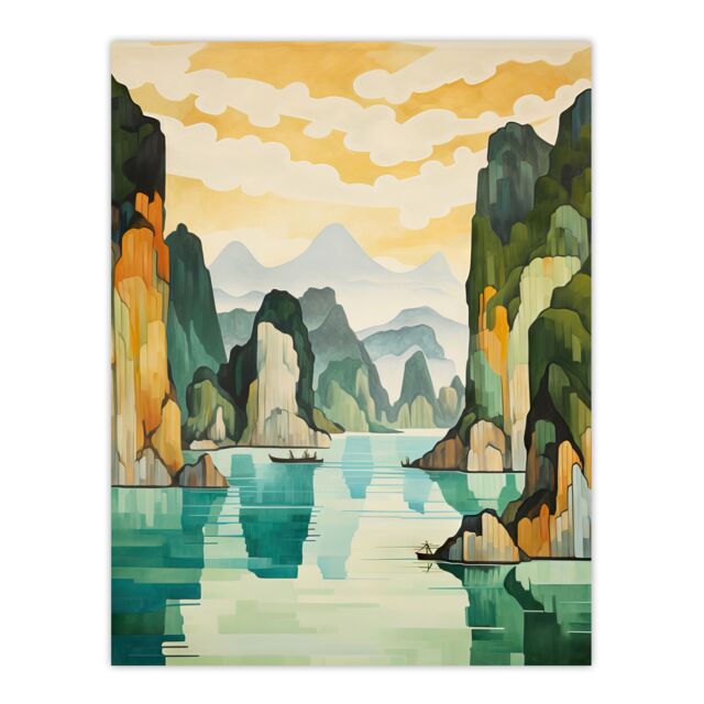 Artery8 Ha Long Bay Watercolour Painting Vietnam Limestone Islands In Emerald Waters Pastel Colour Seascape Large Wall Unframed Art Poster Print - image 1