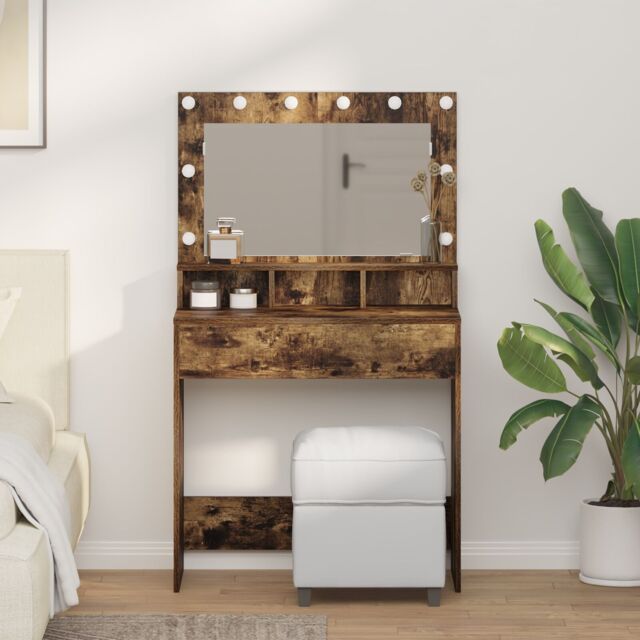Berkfield Home Vanity Table Smoked Oak Engineered Wood 75.5 x 41 x 135 cm Mirror in Brown - image 1