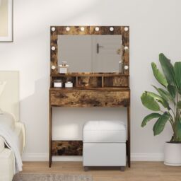 Berkfield Home Vanity Table Smoked Oak Engineered Wood 75.5 x 41 x 135 cm Mirror in Brown - thumbnail 1
