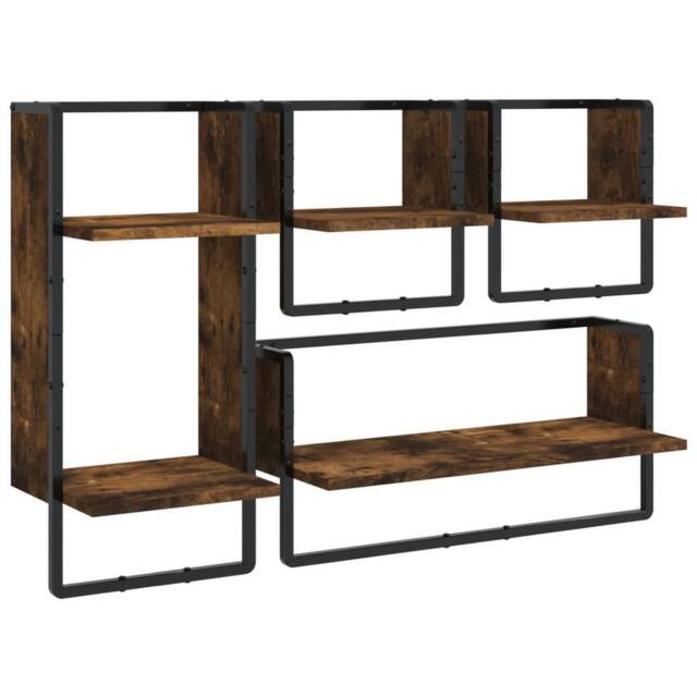 Berkfield Home 4 Piece Wall Shelf Set with Bars Smoked Oak Engineered Wood in Brown - image 1