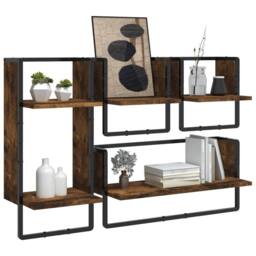 Berkfield Home 4 Piece Wall Shelf Set with Bars Smoked Oak Engineered Wood in Brown - thumbnail 3