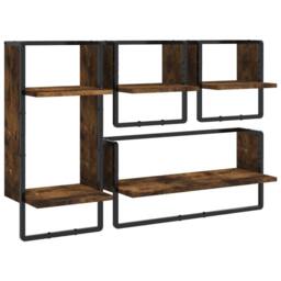 Berkfield Home 4 Piece Wall Shelf Set with Bars Smoked Oak Engineered Wood in Brown - thumbnail 1