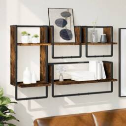 Berkfield Home 4 Piece Wall Shelf Set with Bars Smoked Oak Engineered Wood in Brown - thumbnail 2
