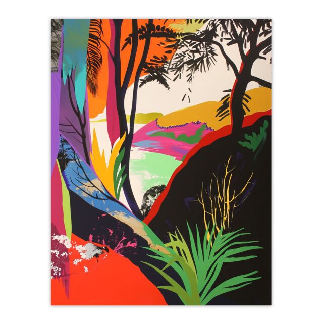 "Artery8 Colourful Abstract Trees Hills Lake Bright Bold Wall Art Print - Size: W18"" x H24""" - image 1