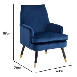 Havendro Blue Velvet Padded Accent Armchair Gold Tip Feet - thumbnail 2