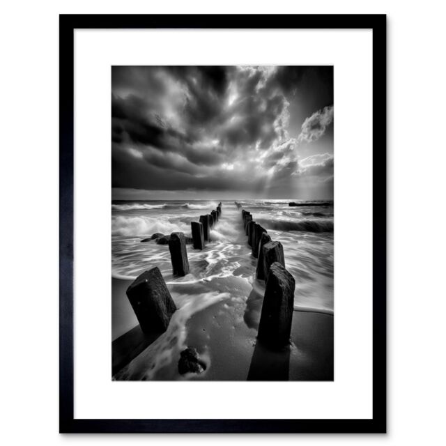 "Artery8 Wall Art Print Pier Ruins Black & White Dramatic Coastal Photo Artwork Framed 9X7 Inch - Size: W7"" x H9""" - image 1