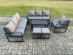 Fimous Aluminium 9 Seater Garden Furniture Outdoor Patio Sofa Set with Rectangular Coffee Table Armchair 2 Small Footstool in Dark Grey - thumbnail 2