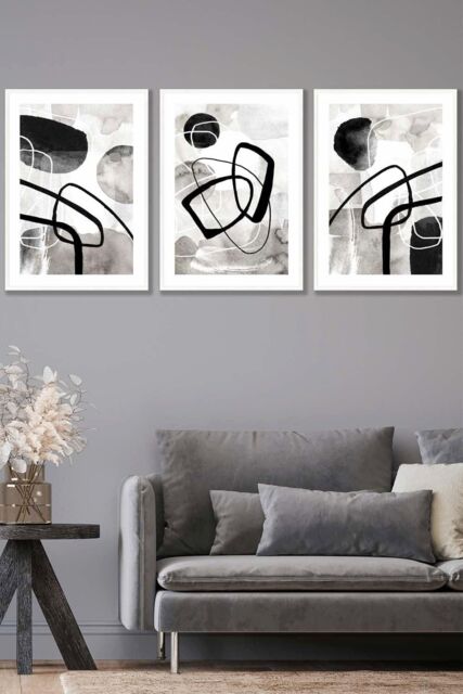 ARTZE Abstract Black Grey Watercolour Shapes Framed Wall Art - Large in White - Size: W53 cm x H73 cm x D20mm - image 1