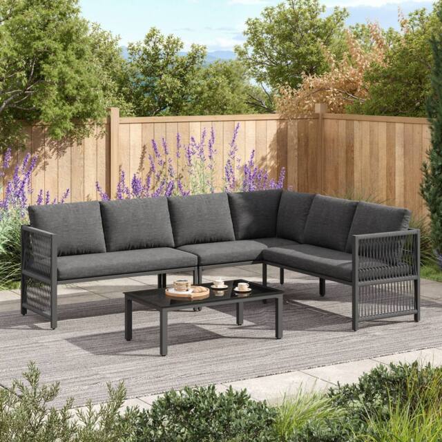 Direct Wicker 5-6 Seater Garden L-Shaped Rope Corner Sofa Set with Glass Table in Dark Grey - Size: 6 Person - image 1