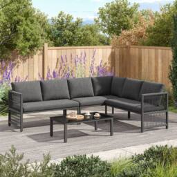 Direct Wicker 5-6 Seater Garden L-Shaped Rope Corner Sofa Set with Glass Table in Dark Grey - Size: 6 Person
