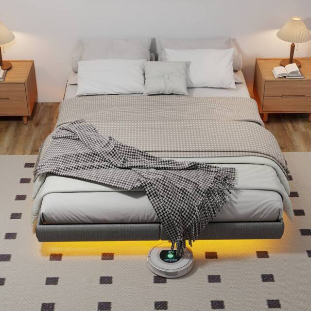 Rolipo Grey Floating Double Bed Frame with RGB LED Lights & Storage - image 1