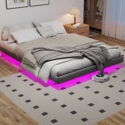 Rolipo Grey Floating Double Bed Frame with RGB LED Lights & Storage - thumbnail 2