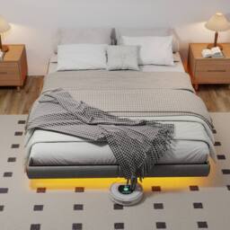 Rolipo Grey Floating Double Bed Frame with RGB LED Lights & Storage - thumbnail 1
