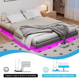 Rolipo Grey Floating Double Bed Frame with RGB LED Lights & Storage - thumbnail 3