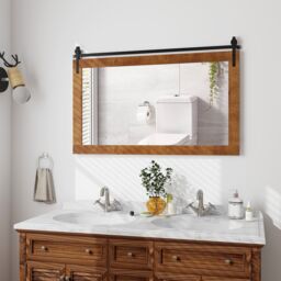 Costway Farmhouse Bathroom Wall Mounted Mirror Explosion-proof Wall Mirror E/ Wood Frame in Brown - thumbnail 4