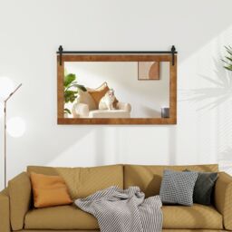 Costway Farmhouse Bathroom Wall Mounted Mirror Explosion-proof Wall Mirror E/ Wood Frame in Brown - thumbnail 5