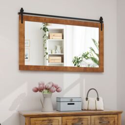 Costway Farmhouse Bathroom Wall Mounted Mirror Explosion-proof Wall Mirror E/ Wood Frame in Brown