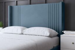 DS Living Elara Winged Metallic Blue Panel Ottoman Bed with Headboard - Size: Double - thumbnail 2