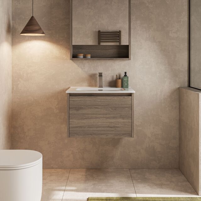 Banyetti Mino 600mm Wall Hung Vanity with Athena Basin-Nebraska Oak in Brown - image 1