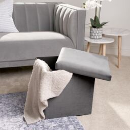 OHS Folding Ottoman Storage Box Footstool Tub Space Saving Velvet Seat in Charcoal - thumbnail 3