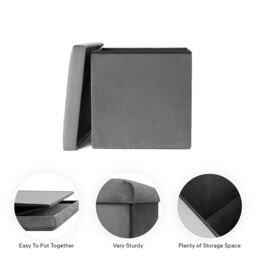 OHS Folding Ottoman Storage Box Footstool Tub Space Saving Velvet Seat in Charcoal - thumbnail 2