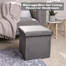 OHS Folding Ottoman Storage Box Footstool Tub Space Saving Velvet Seat in Charcoal - thumbnail 1