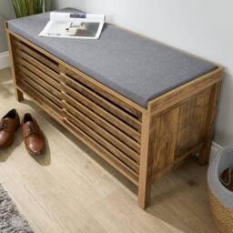 Home Source Luna Shoe Bench Storage Cabinet With Cushion Padded Seat Sliding Doors in Brown - thumbnail 5