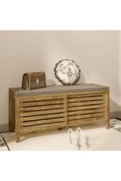 Home Source Luna Shoe Bench Storage Cabinet With Cushion Padded Seat Sliding Doors in Brown