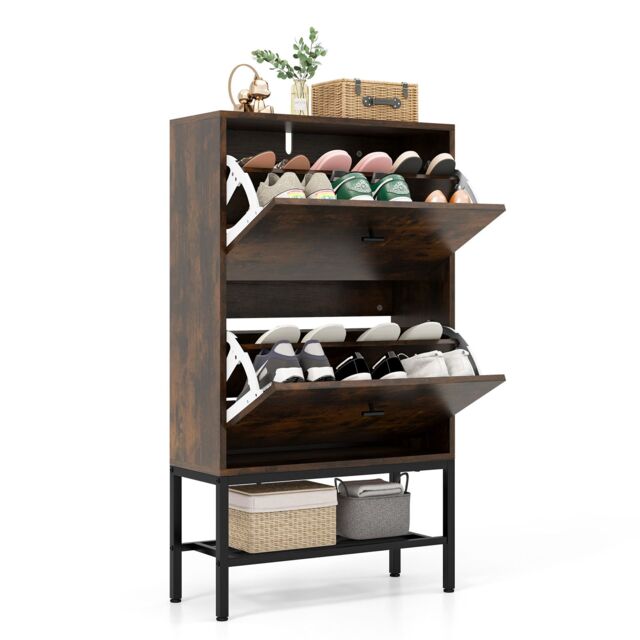 Gymax Shoe Cabinet Freestanding Shoe Organizer 2 Flip Drawers & Metal Shelf in Brown - image 1