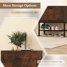 Gymax Shoe Cabinet Freestanding Shoe Organizer 2 Flip Drawers & Metal Shelf in Brown - thumbnail 3