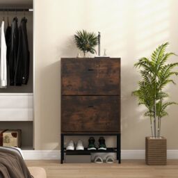 Gymax Shoe Cabinet Freestanding Shoe Organizer 2 Flip Drawers & Metal Shelf in Brown - thumbnail 6