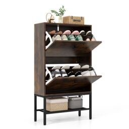 Gymax Shoe Cabinet Freestanding Shoe Organizer 2 Flip Drawers & Metal Shelf in Brown
