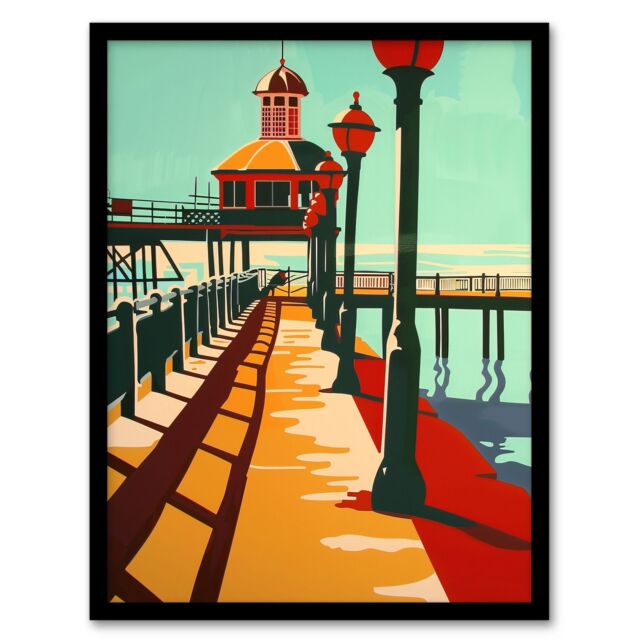 Artery8 Classic British Seaside Pier Graphic Design Framed Art Print - Size: A4 - image 1