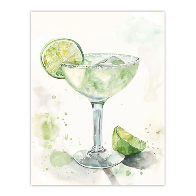 "Artery8 Lime Green Margarita Cocktail Modern Watercolour Wall Art Print - Size: W24"" x H32""" - image 1