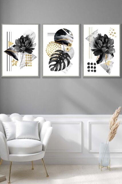 ARTZE Set of 3 Light Grey Framed Abstract Black & Gold Botanical Wall Art - Size: W53 cm x H73 cm x D20mm - image 1