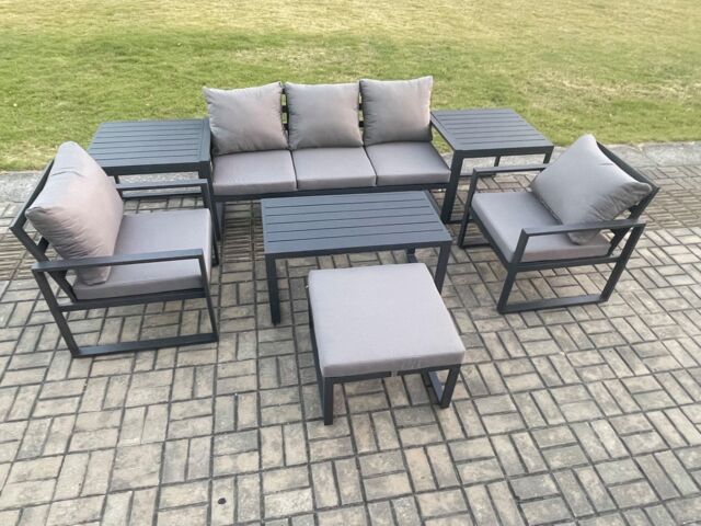 Fimous Aluminium Outdoor Furniture Set 6 Seater Garden Sofa with Oblong Coffee Table Big Footstool 2 Armchairs 2 Side Tables Dark Grey - image 1