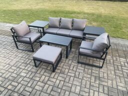 Fimous Aluminium Outdoor Furniture Set 6 Seater Garden Sofa with Oblong Coffee Table Big Footstool 2 Armchairs 2 Side Tables Dark Grey - thumbnail 2