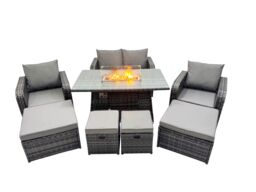 Fimous 8-seater Rattan Garden Furniture Dining Set with 4 Stools in Dark Grey - thumbnail 1