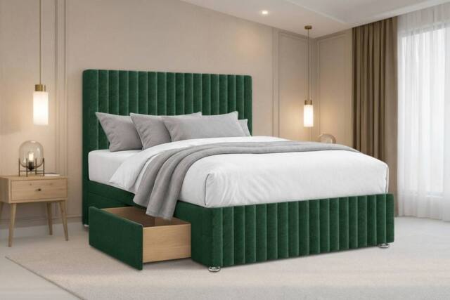 "Nexus Mattresses Ltd Verona Plush Divan Bed Base 4 Drawers - 12"" Footboard & 26"" Headboard in Emerald - Size: Double" - image 1