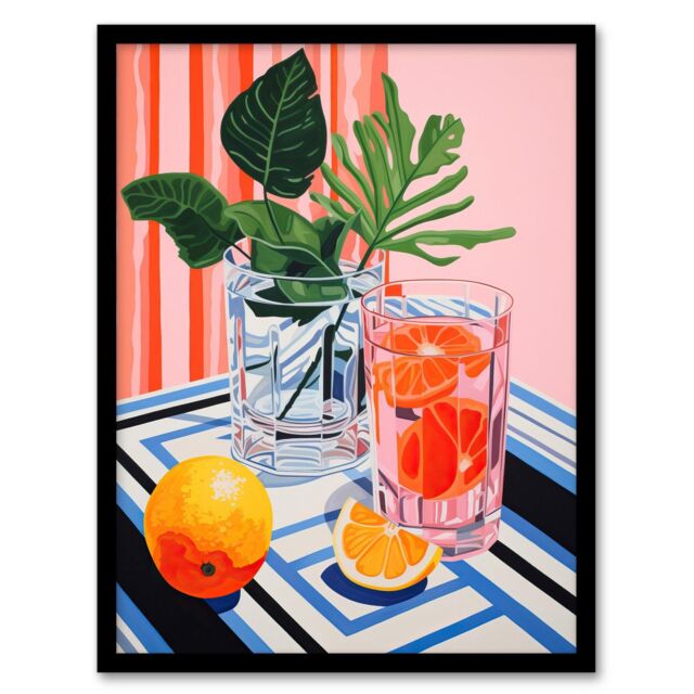 "Wee Blue Coo Wall Art Print Refreshing Spritz Aperitif with Orange Slices Vibrant Pink Blue Stylised Painting Art Framed - Size: W12"" x H16""" - image 1