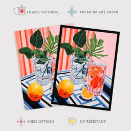 "Wee Blue Coo Wall Art Print Refreshing Spritz Aperitif with Orange Slices Vibrant Pink Blue Stylised Painting Art Framed - Size: W12"" x H16""" - thumbnail 2