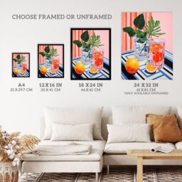 "Wee Blue Coo Wall Art Print Refreshing Spritz Aperitif with Orange Slices Vibrant Pink Blue Stylised Painting Art Framed - Size: W12"" x H16""" - thumbnail 3