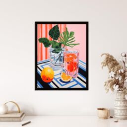 "Wee Blue Coo Wall Art Print Refreshing Spritz Aperitif with Orange Slices Vibrant Pink Blue Stylised Painting Art Framed - Size: W12"" x H16""" - thumbnail 4
