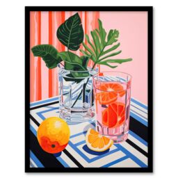 "Wee Blue Coo Wall Art Print Refreshing Spritz Aperitif with Orange Slices Vibrant Pink Blue Stylised Painting Art Framed - Size: W12"" x H16""" - thumbnail 1