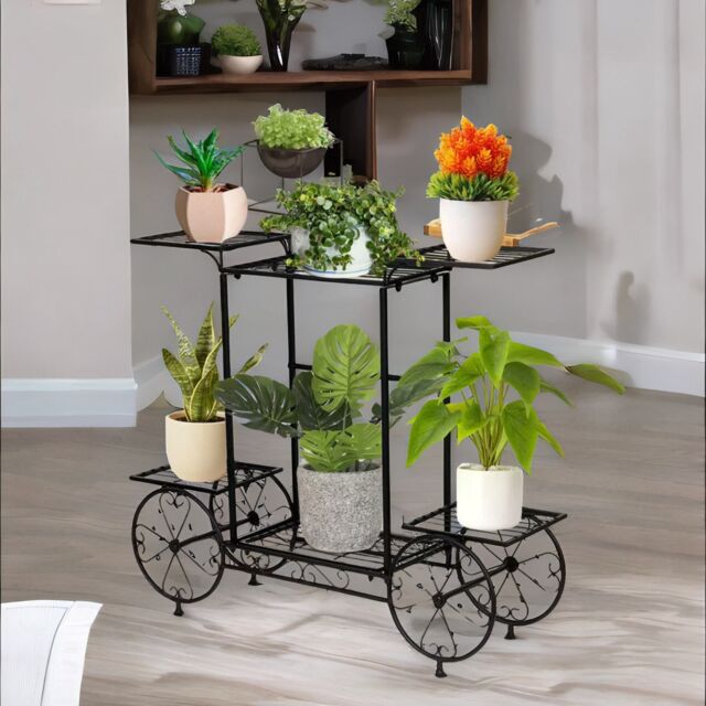 Pirlo Plush Cart Metal Indoor Outdoor Plant Stand Organiser With 6 Tiers in Black - image 1