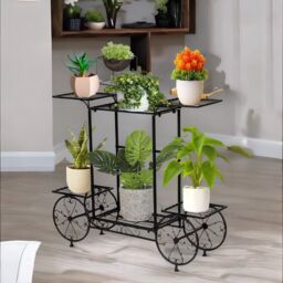 Pirlo Plush Cart Metal Indoor Outdoor Plant Stand Organiser With 6 Tiers in Black